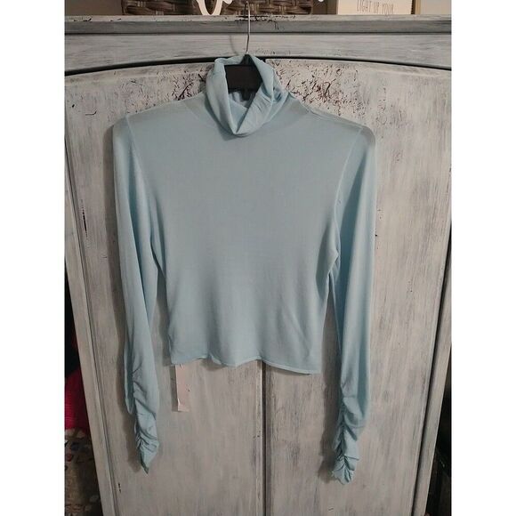 For Love And Lemons Turtleneck Ruched Sleeve Blouse Nwt Xl Sky Blue Semi-sheer - Picture 1 of 12